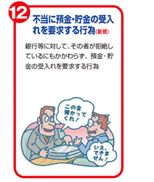 不当に預金・貯金の受入れを要求する行為(新規) 銀行等に対して、その者が拒絶しているにもかかわらず、預金・貯金の受入れを要求する行為