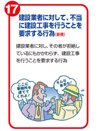建設業者に対して、不当に建設工事を行うことを要求する行為(新規) 建設業者に対し、その者が拒絶しているにもかかわらず、建設工事を行うことを要求する行為
